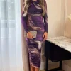 Plum Printed Long Sleeve Ruched Bodycon Midi Dress