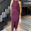 Plum Round Neck Belted Bodycon Cargo Midi Dress