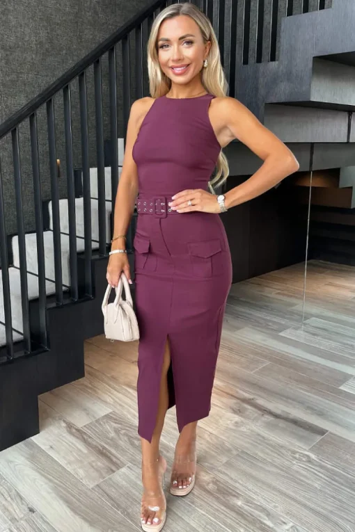 Plum Round Neck Belted Bodycon Cargo Midi Dress