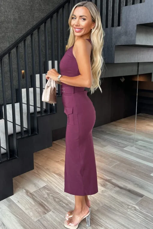 Plum Round Neck Belted Bodycon Cargo Midi Dress