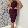 Plum Ruched Bodycon Shimmer Midi Dress