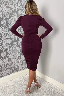 Plum Ruched Long Sleeve Cross Front Midi Dress
