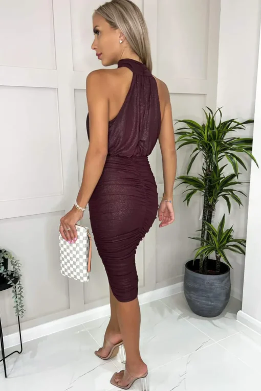 Plum Shimmer High Neck Ruched Bodycon Midi Dress