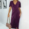 Plum Short Sleeve Plisse Wrap Midi Dress