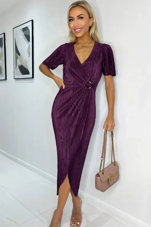 Plum Short Sleeve Plisse Wrap Midi Dress