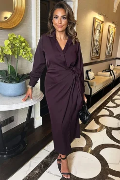 Plum Side Tie Waist Wrap Midi Dress