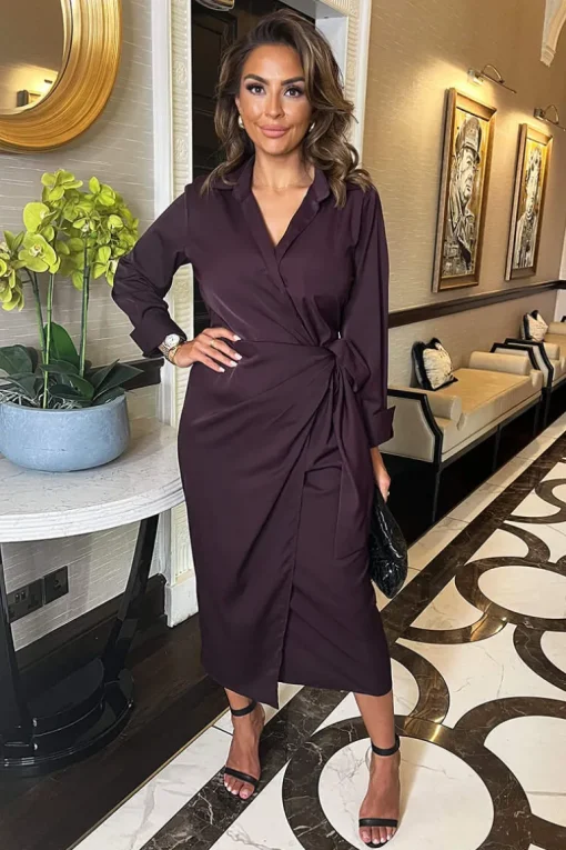 Plum Side Tie Waist Wrap Midi Dress