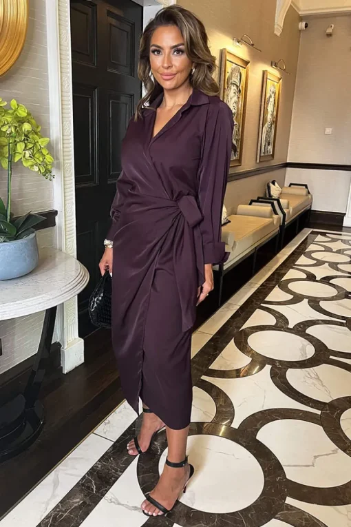 Plum Side Tie Waist Wrap Midi Dress