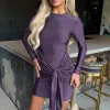 Plum Slinky Long Sleeve Sash Bodycon Mini Dress