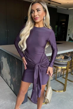 Plum Slinky Long Sleeve Sash Bodycon Mini Dress