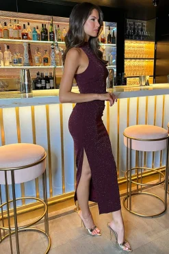 Plum Sparkle Halter Neck Ruched Bodycon Midi Dress