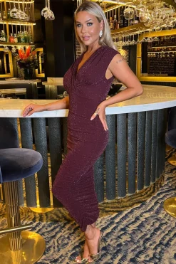 Plum Sparkle Wrap Top Ruched Skirt Midi Dress