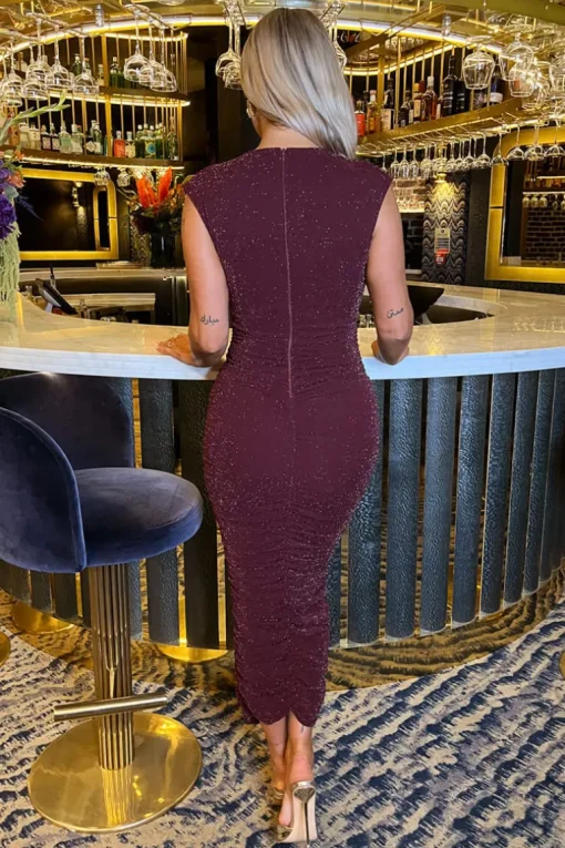 Plum Sparkle Wrap Top Ruched Skirt Midi Dress