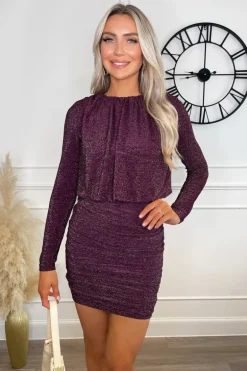 Plum Sparkly Long Sleeve Ruched Mini Dress