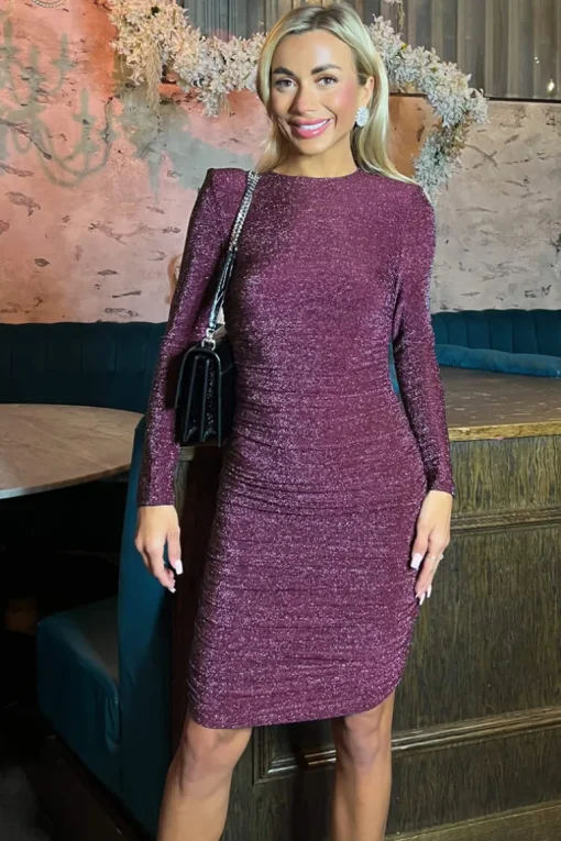 Plum Sparkly Long Sleeve Ruched Midi Bodycon Dress