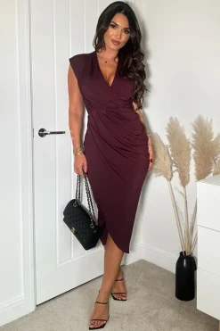 Plum Wrap Draped Midi Dress