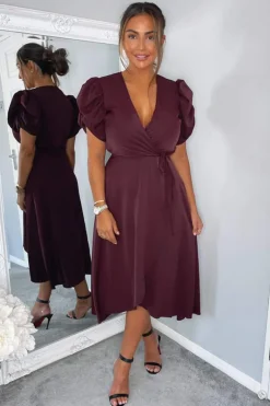 Plum Wrap Over Tie Midi Dress