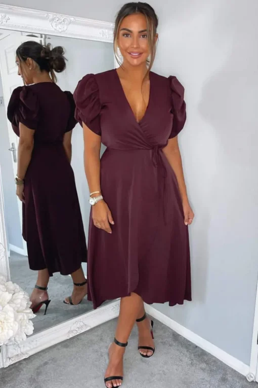 Plum Wrap Over Tie Midi Dress