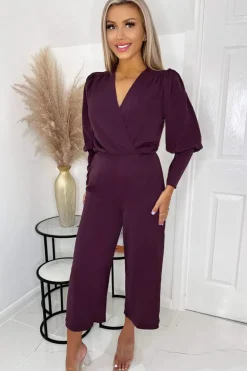 Plum Wrap Top Long Sleeve Culotte Jumpsuit