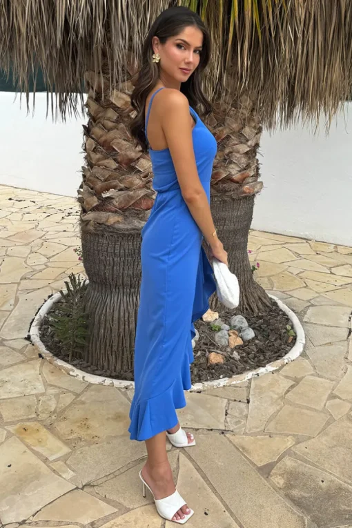 Powder Blue Racer Neck High Low Frill Hem Midi Dress