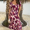 Purple And Cream Animal Print Puff Sleeve Smock Midi Dress