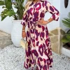 Purple And Cream Animal Print 3/4 Sleeve Shirt Midi Dress