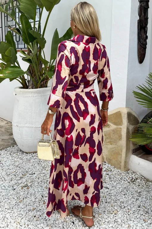 Purple And Cream Animal Print 3/4 Sleeve Shirt Midi Dress