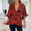 Red And Black Printed Frill Hem Wrap Top