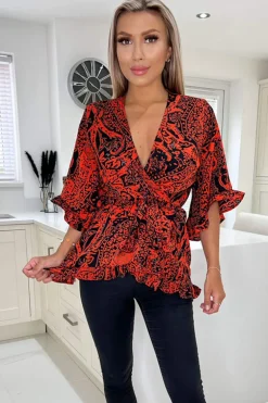 Red And Black Printed Frill Hem Wrap Top