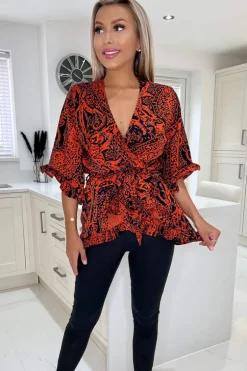Red And Black Printed Frill Hem Wrap Top