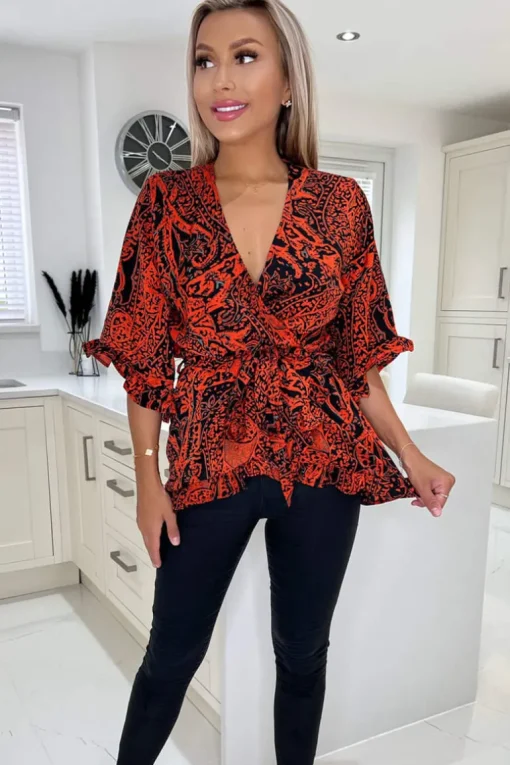 Red And Black Printed Frill Hem Wrap Top