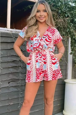Red And Cream Printed Collared Playsuit