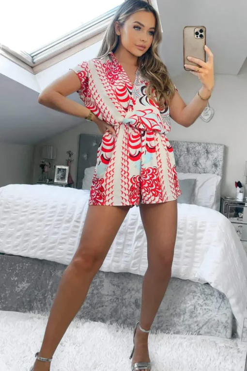 Red And Cream Printed Collared Playsuit