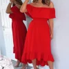 Red Bardot Style Midi Dress