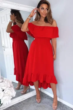 Red Bardot Style Midi Dress