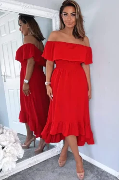 Red Bardot Style Midi Dress