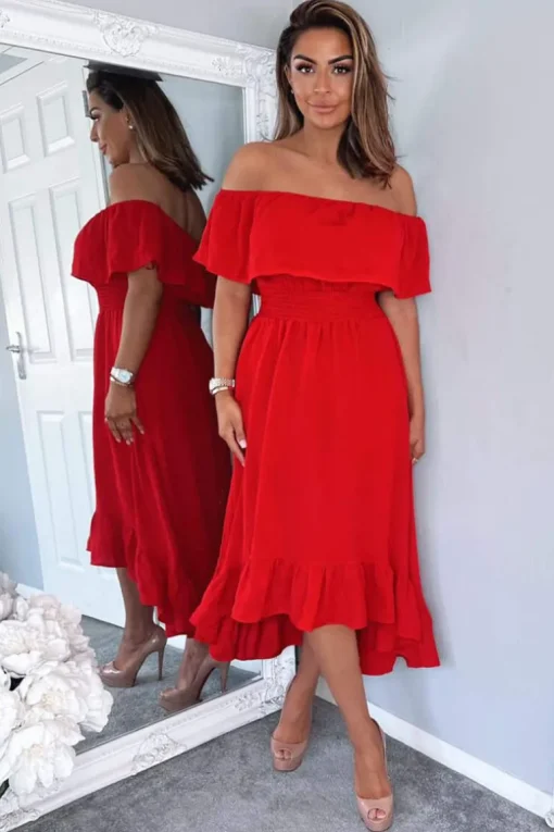 Red Bardot Style Midi Dress
