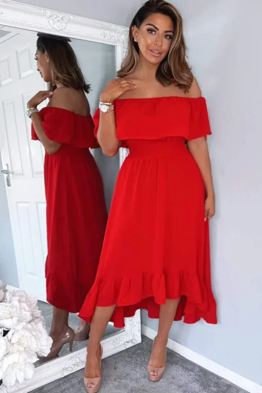 Red Bardot Style Midi Dress