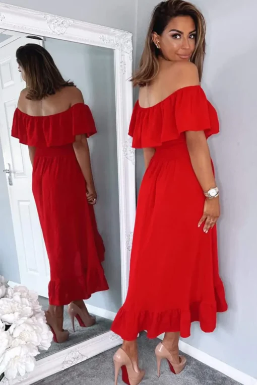 Red Bardot Style Midi Dress