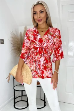 Red Floral Front Tie Wrap Top
