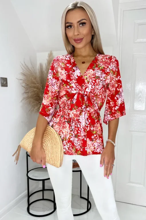 Red Floral Front Tie Wrap Top
