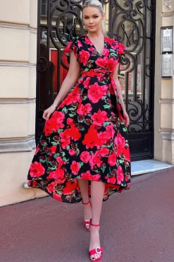 Red Floral Print Short Sleeve Belted Wrap Midi Dress