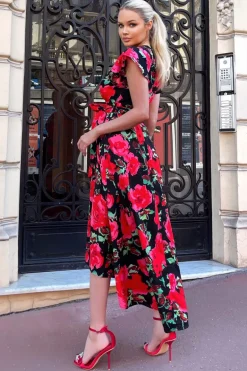Red Floral Print Short Sleeve Belted Wrap Midi Dress