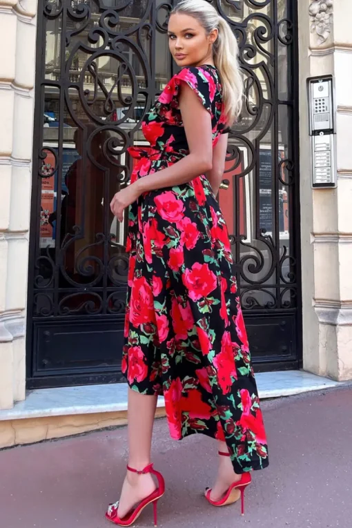 Red Floral Print Short Sleeve Belted Wrap Midi Dress