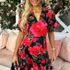 Red Floral Print Wrap Top Skater Dress