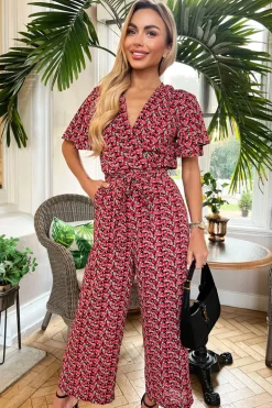 Red Floral Printed Butterfly Sleeve Belted Jumpsuit