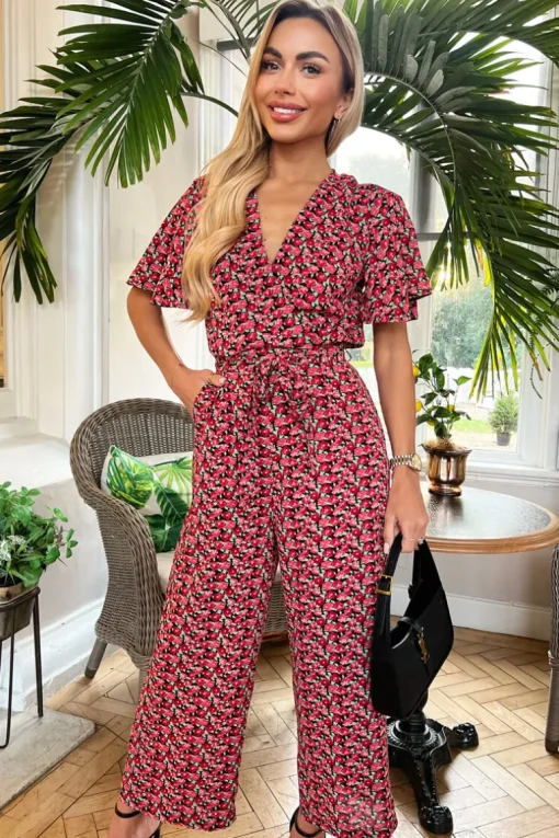 Red Floral Printed Butterfly Sleeve Belted Jumpsuit