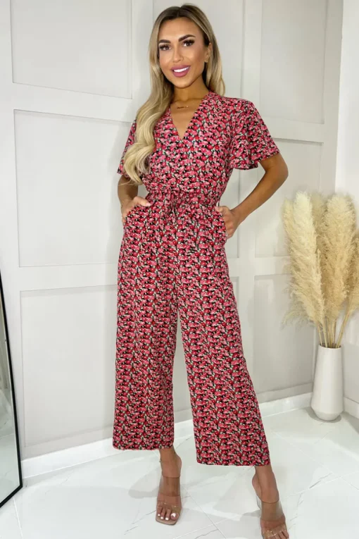 Red Floral Printed Butterfly Sleeve Belted Jumpsuit