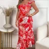 Red Floral Printed Frill Strap Midi Dress