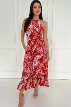 Red Floral Printed Frill Hem High Neck Midi Dress